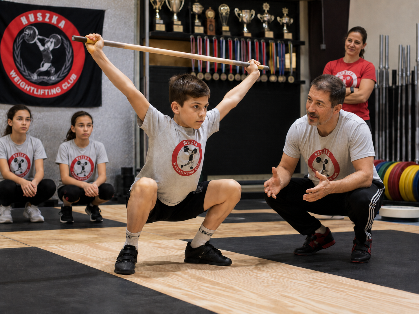 Young athlete learning Olympic weightlifting technique with Coach Attila